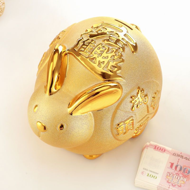 2023年生肖小兔子陶瓷卡通摆件金兔扑满储蓄罐大号儿童存钱罐