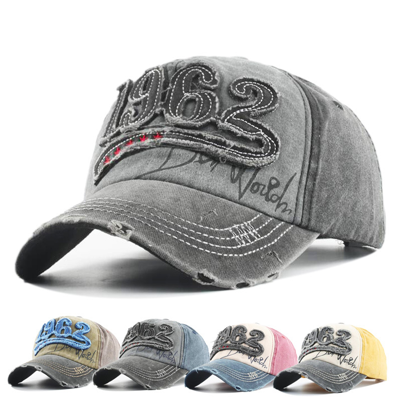 hat men‘s autumn distressed patch 1962 washed baseball cap men sun protection sun shade european and american leisure peaked cap women