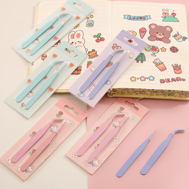 Notebook Tweezers Stainless Steel DIY Handmade Hand Account Clip Color Macaron Straight Bent Eyelash Tweezers Wholesale