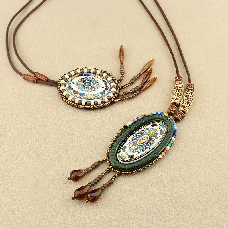 Retro Ethnic Style Necklace Long Bohemian Sweater Chain Men and Women All-Matching Pendant Tassel Pendant Cotton and Linen Accessories