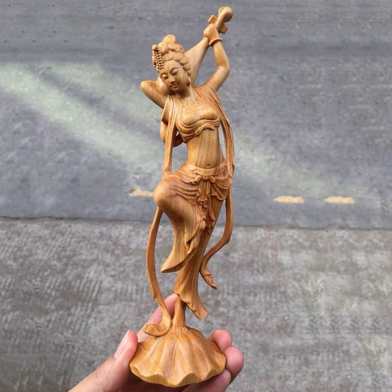 崖柏木雕敦煌飞天四音美女摆件 实木人物客厅装饰创意雕刻工艺品