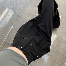 黑色阔腿裤女夏季口袋柳丁设计感垂感显瘦裤子直筒痞雅西装裤