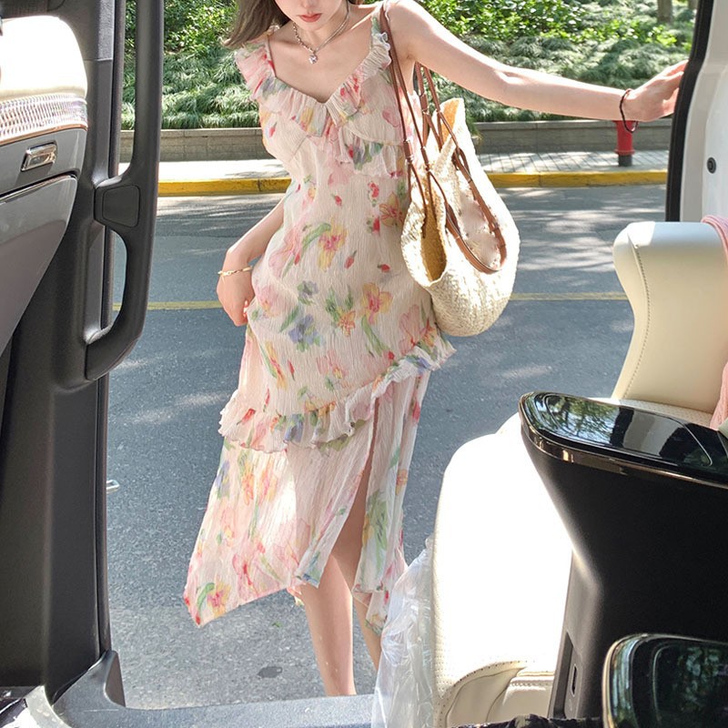 2023 Summer New Skirt Ladies Printed Suspender Dress Women's 2023 High-Grade Wooden Ear Chiffon Dress