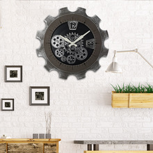 齿轮欧式艺术时钟实木复古个性壁钟挂钟美式创意客厅静音石英钟表