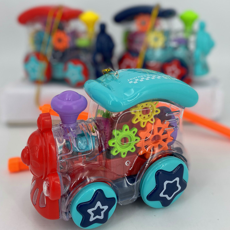 抖音款电动透明齿轮小火车宝宝手提音乐发光灯笼万向闪光火车彩灯