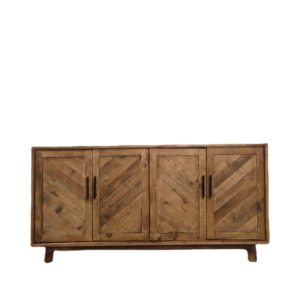 美式乡村复古老榆木老松木旧木拼花餐边柜 简约四门柜跨境家具