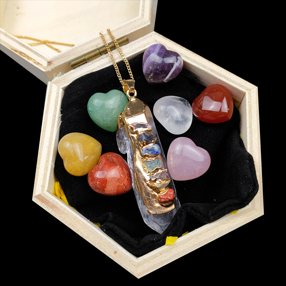 Natural Stone Natural Crystal Agate Heart Small Ornaments Colorful Stone Irregular Pendants Gift Box Wooden Box Set