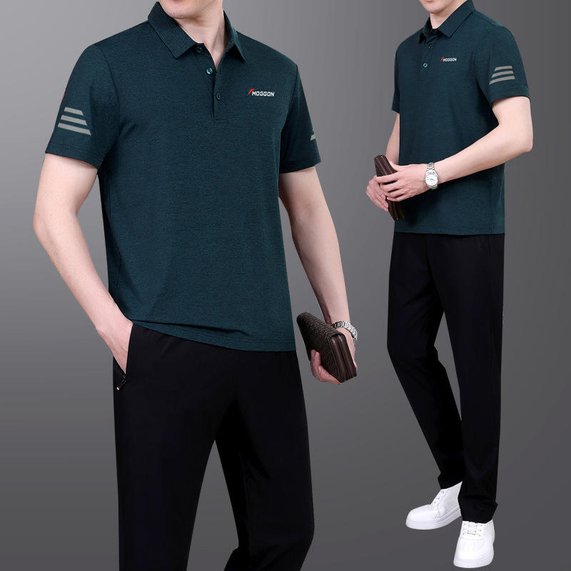 中年爸爸夏装男士冰丝短袖长裤新款休闲装中老年运动服套装男夏季