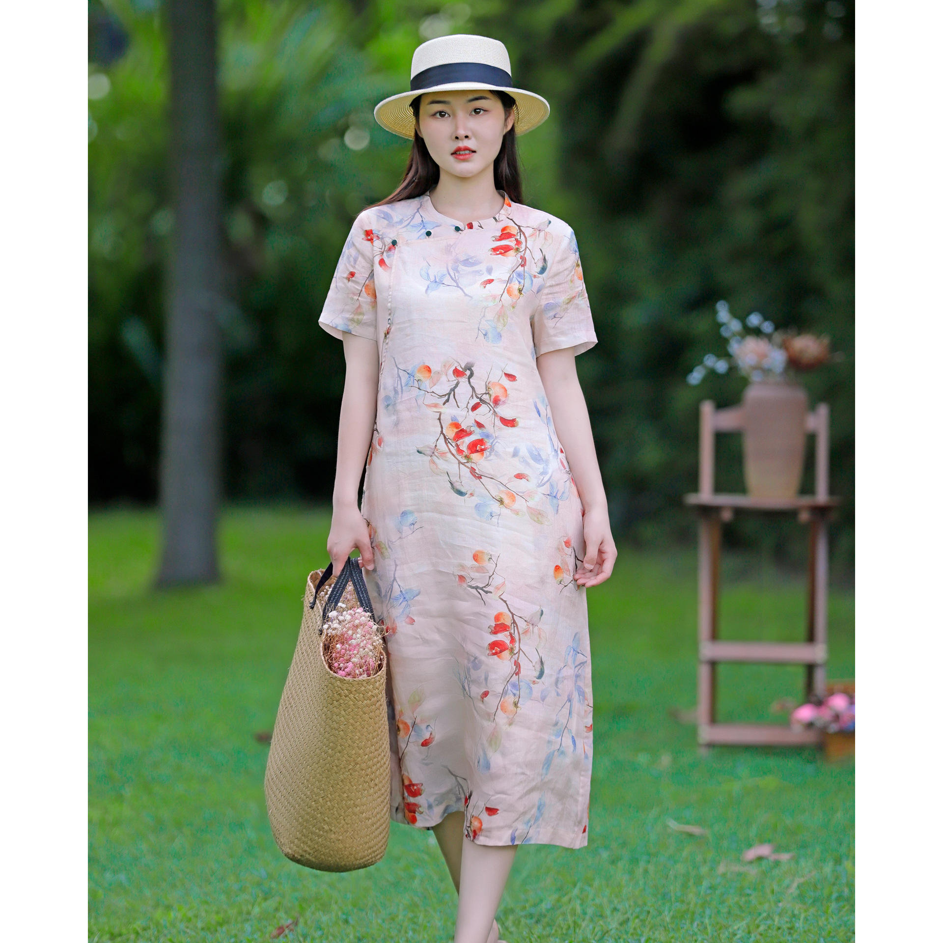 原创改良国风棉麻女装夏季新款苎麻印花立领修身复古旗袍一件代发