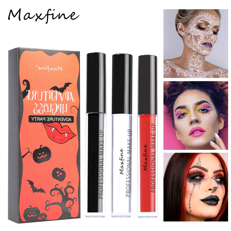 Cross-Border Makeup Maxfine Halloween Lip Glaze Set Wholesale Matte Lasting No Stain on Cup Non-Fading Foreign Trade