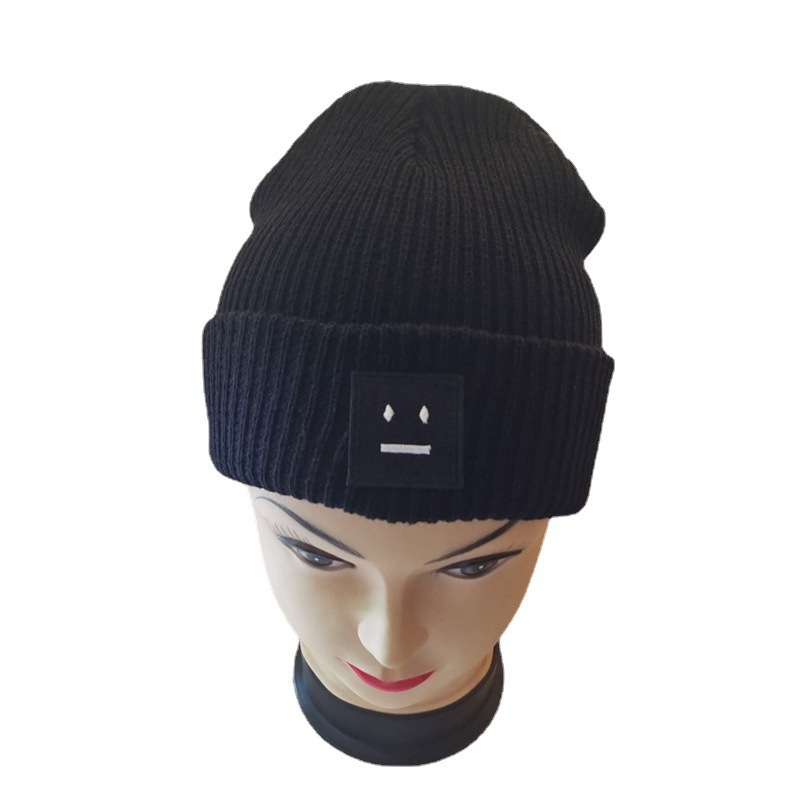 Korean Style Square Smiling Face Embroidery Knitted Hat Men's and Women's Fall Winter Couples Warm Beanie Hat Fashion Classic All-Matching Woolen