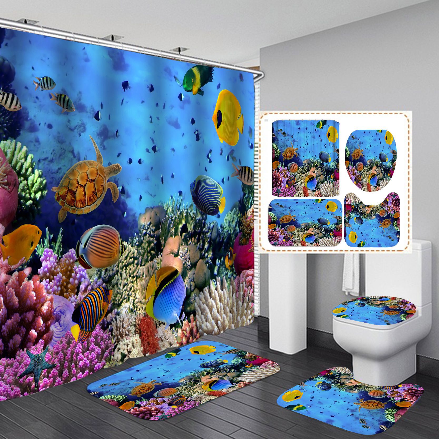 Shower Curtain Set Marine Life Series HD Digital Printing Waterproof Punch-Free Partition Curtain Hotel Rain Curtain