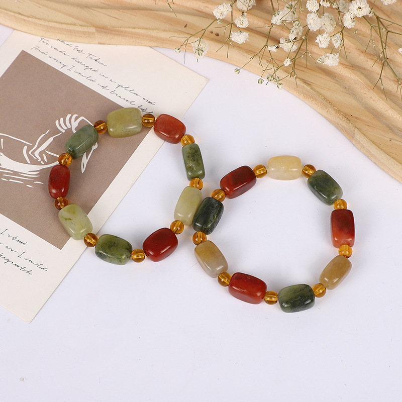 Xinjiang Natural Jinsi Jade Multi Jewels Bracelet Men's and Women's Single Ring with Shape Bracelet Gobi Jade Ice Jade Beads Bracelet