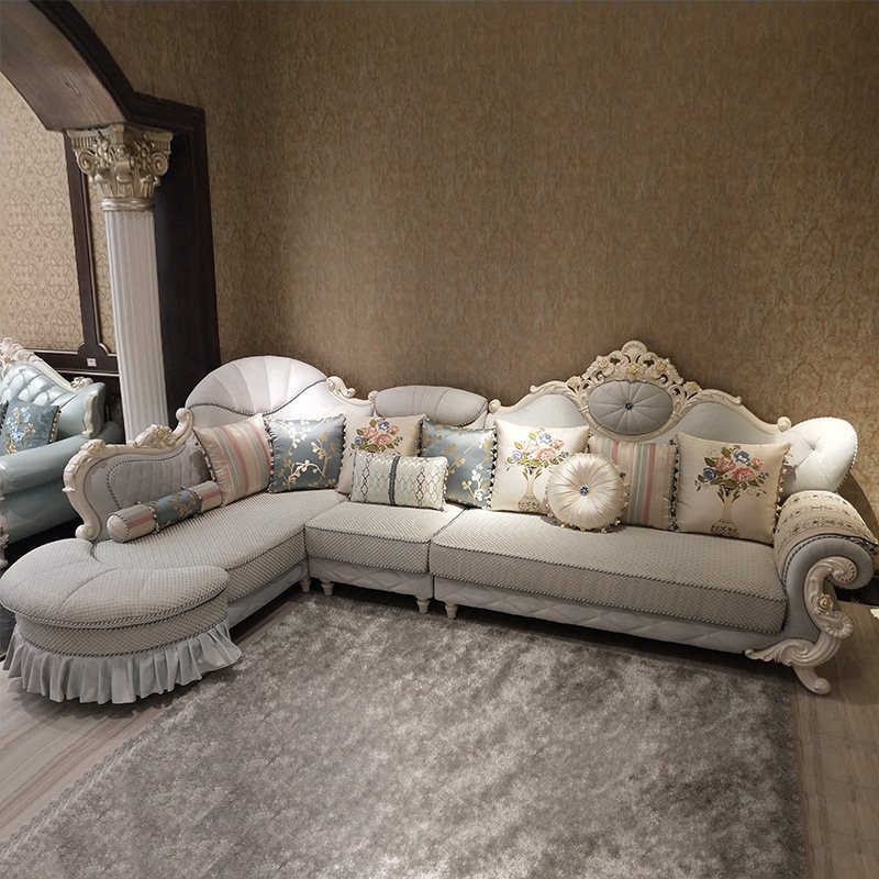 欧式沙发布艺组合小户型客厅实木套装转角简欧可拆洗l形布小植绒