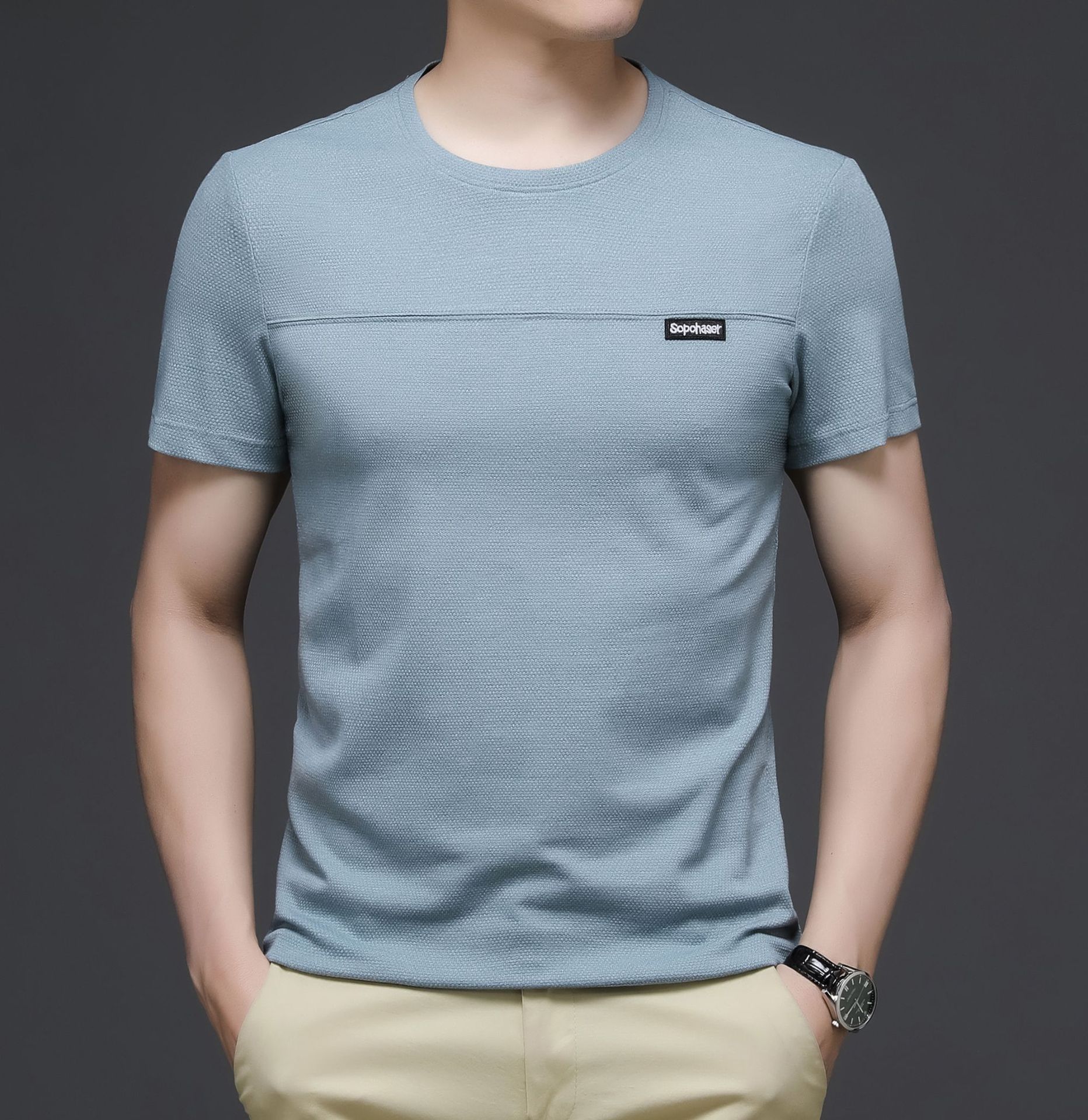 夏无领短袖t恤男装蓝色薄款纯色棉修身型青年休闲现货针织衫男t恤