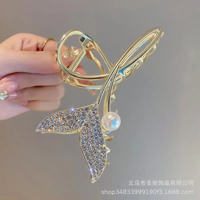 Metal Fishtail Pearl Grip Back Head High Sense Hair Clip Hairpin 2022 New Women's Large Shark Clip