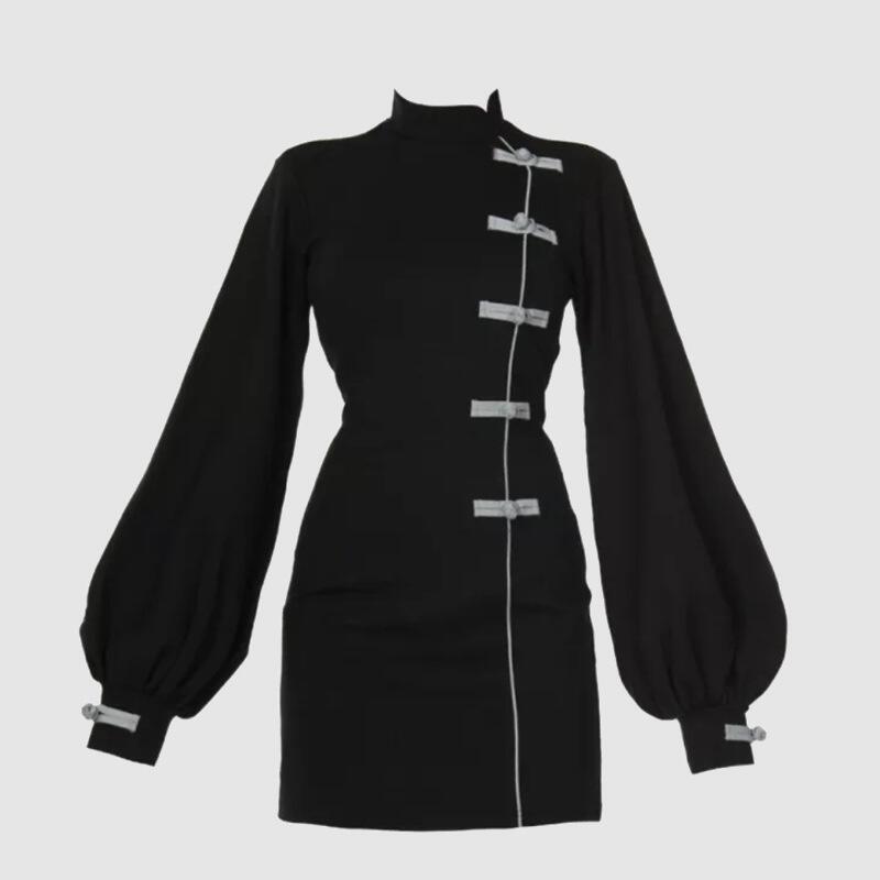 新中式改良旗袍反光盘扣灯笼袖超飒连衣裙