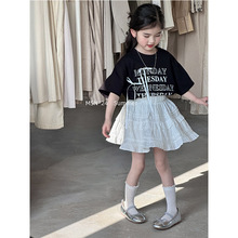 女童宝宝夏装韩系穿搭套装字母印花黑色短袖T恤蛋糕半身裙两件套