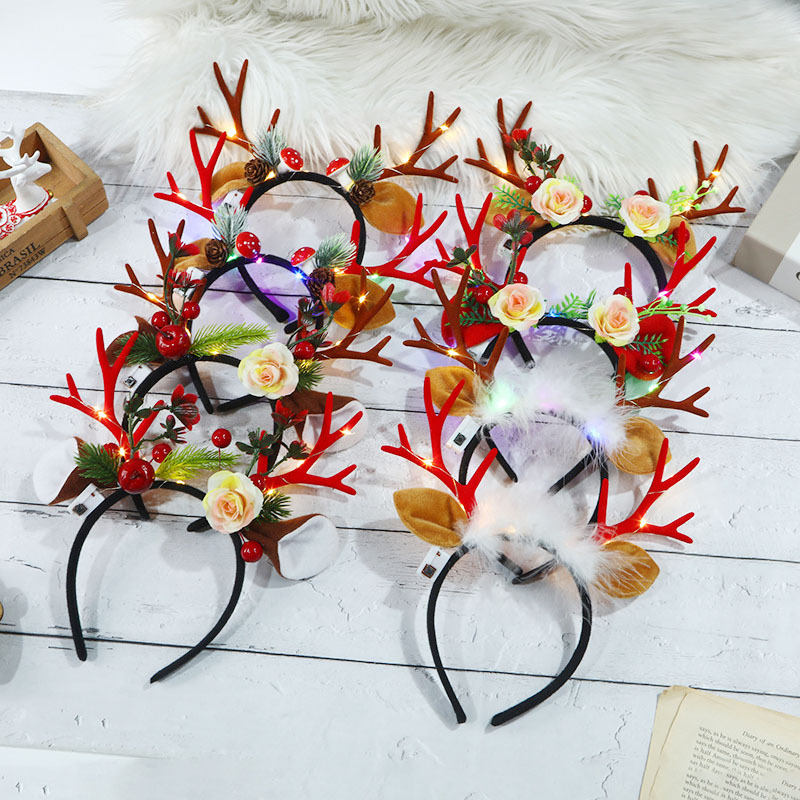 Cute Large Flower Feather Decorative Colorful Antler Headband Fashion Girl Style LED Light-Emitting Headdress