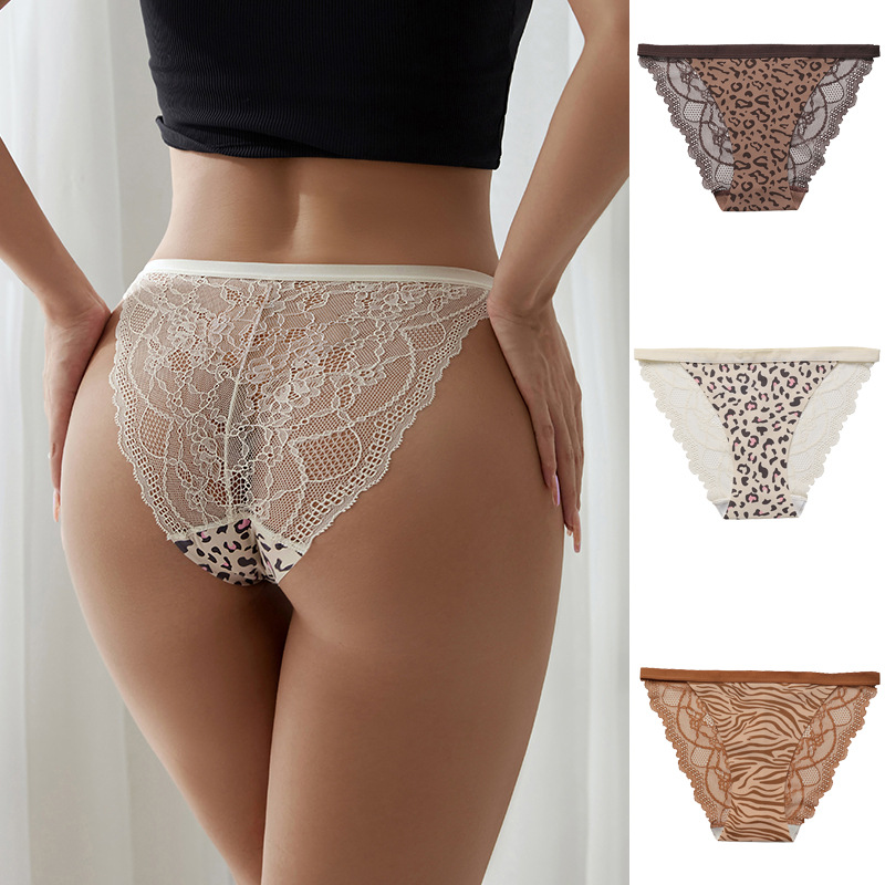 Sexy Lace Lace Stitching Leopard Print Seamless Ice Silk Underwear European and American plus Size Cotton Crotch Women's Briefs