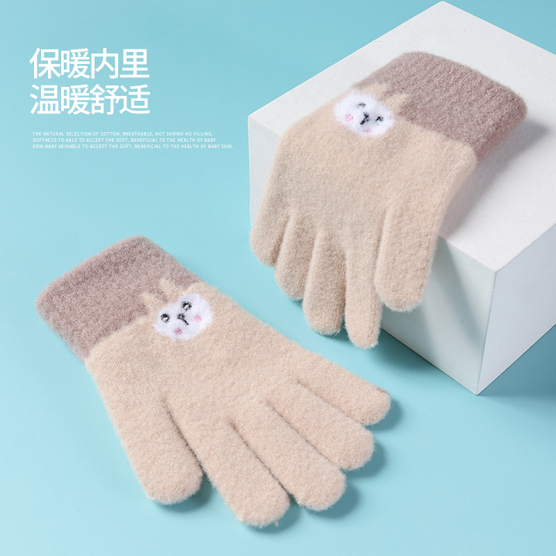 Children's Gloves Autumn and Winter Girls' Cold-Proof Thermal Knitting Wool Five-Finger Cute Cartoon Middle School Student Writing Wholesale