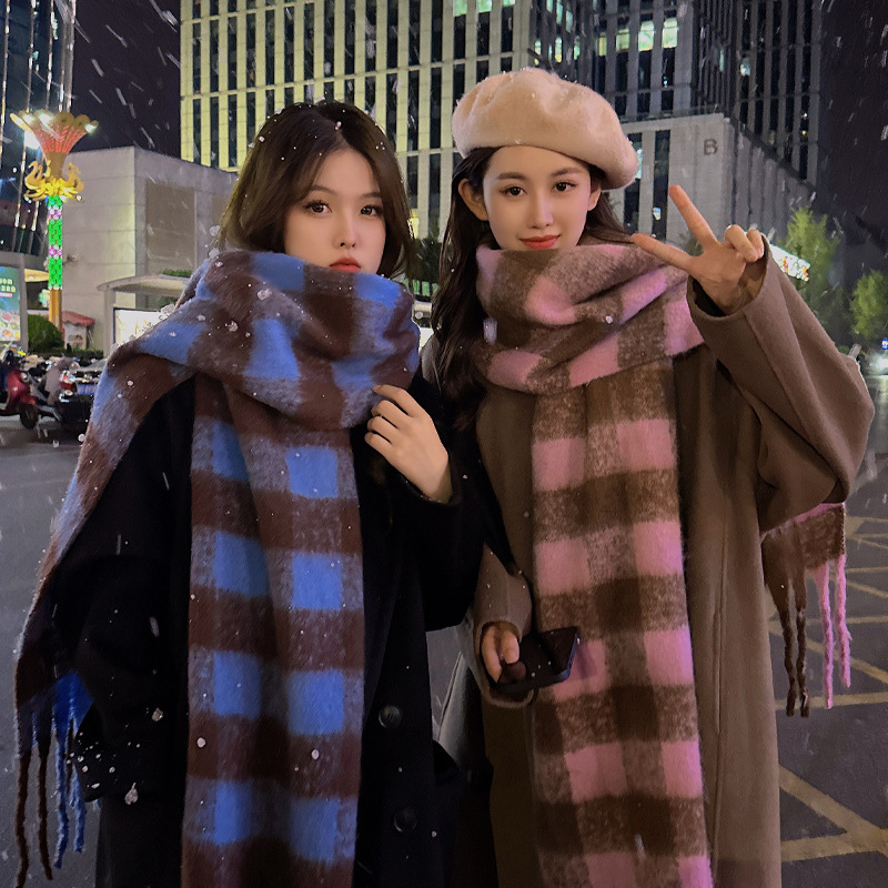 Autumn and Winter New Contrast Color Plaid Thick Scarf Internet Celebrity Same Style Mohair Plaid European and American AC Couple Scarf Wholesale