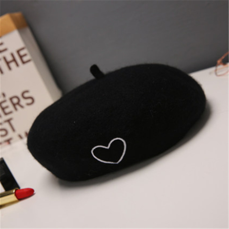 2021 Star Song Qian Same Product Love Embroidered Wool Beret Women's Autumn and Winter Korean Style Simple All-Matching Painter Hat