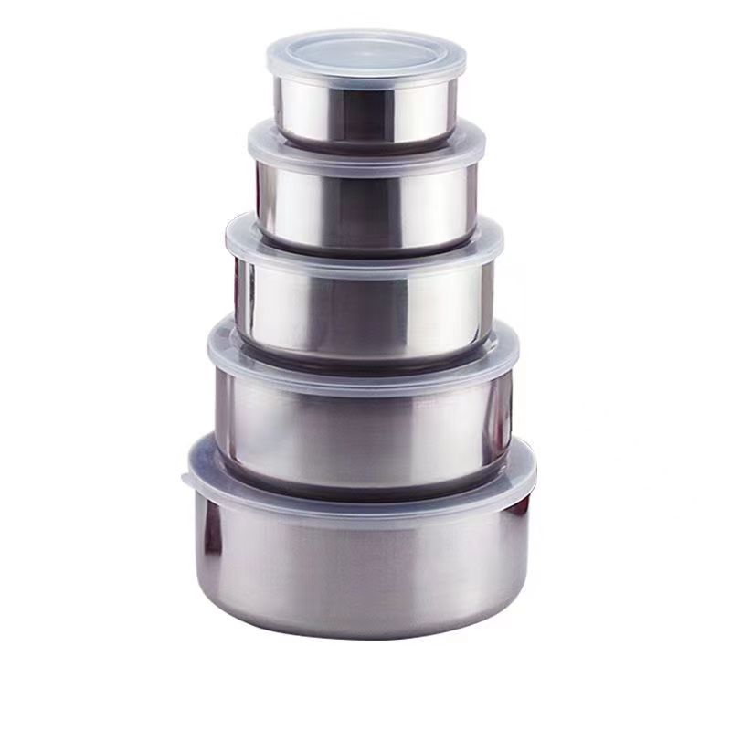 Stainless Steel Crisper Five-Piece Pp Cover round Preservation Box Classification Packing Spill-Proof Box Kitchen Food Freshness Bowl
