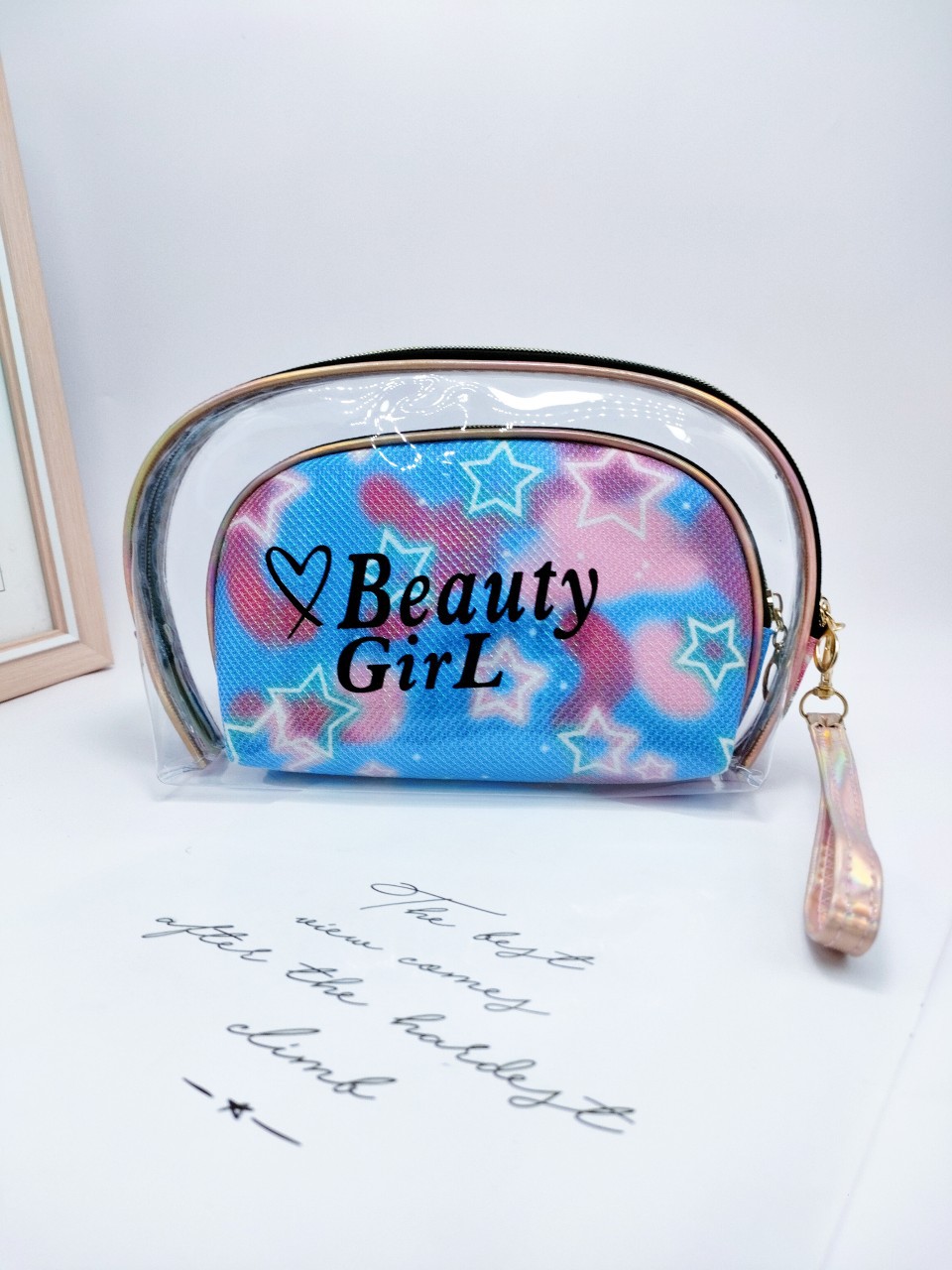 Cross-Border New Arrival Transparent PVC Semicircle Two-Piece Set Cosmetic Bag Female Shell Clutch Washing and Makeup Bag Portable Waterproof Water Resistant Cosmetic Bag Wholesale