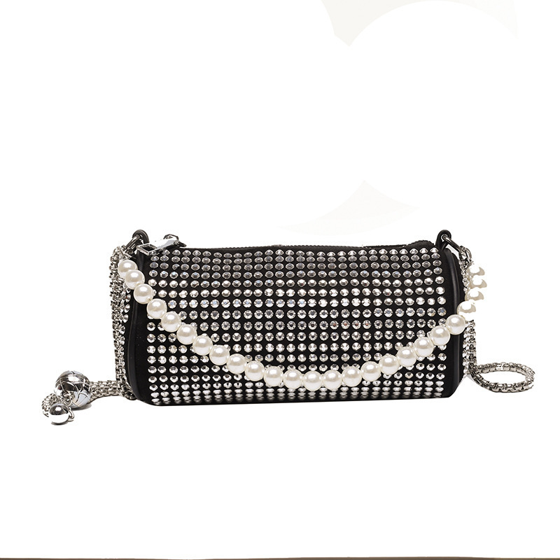 2022 Spring and Summer New Fashionable Stylish Shiny Rhinestone Underarm Women's Bag Pearl Chain Boston Portable Shoulder Bag