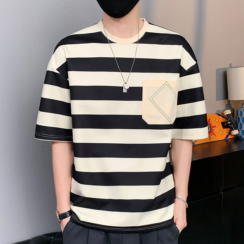 striped t-shirt men‘s 2024 summer trendy loose fashion brand hong kong style youth student crew neck short sleeve men‘s t-shirt