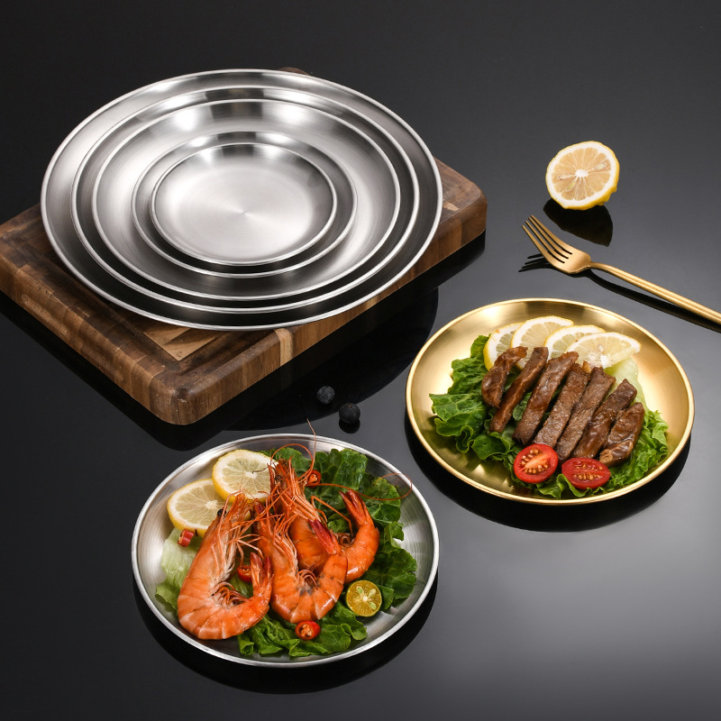 Korean Style Stainless Steel Barbecue Plate Thickened Golden, round Tray Western Food Fruit Pastry Food Plate Steak Plate Customization