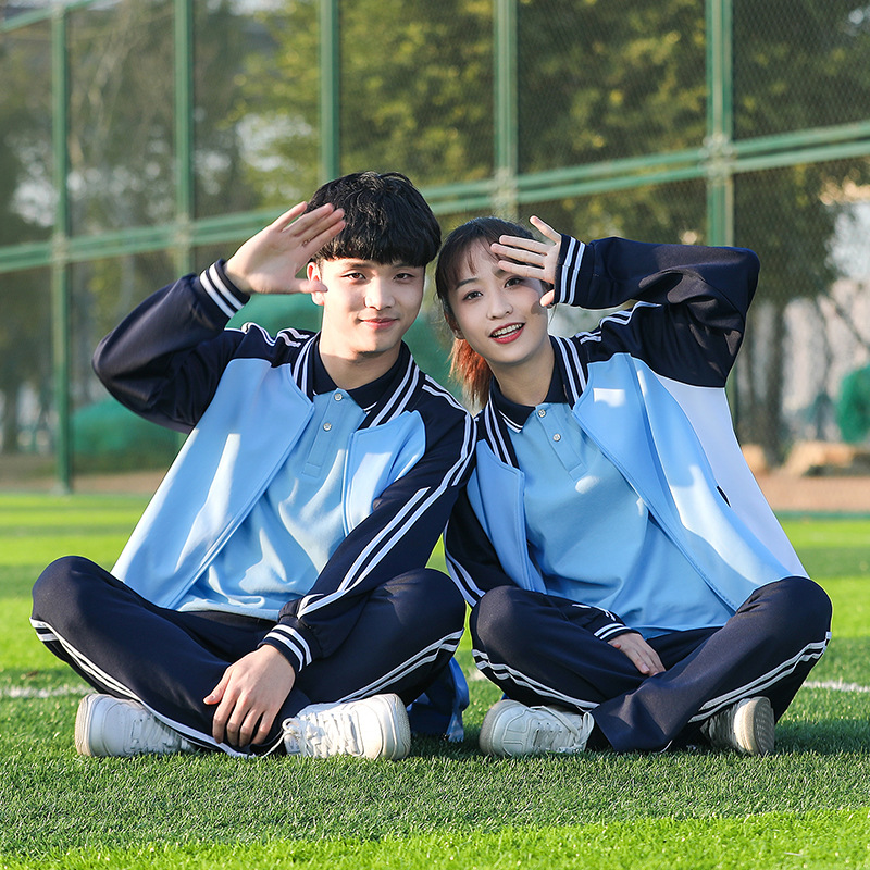 夏季初高中长袖棒球服学院风棉蓝色春秋中小学校服三件套批发班服