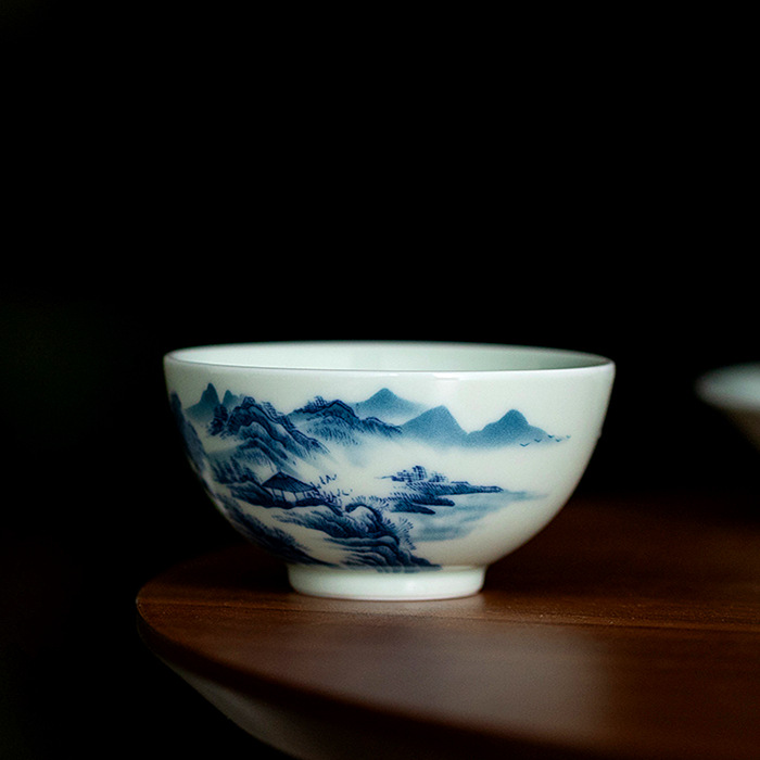 秘影山房 青花山水图主人杯 单杯品茗杯青瓷礼盒装茶杯中式茶具
