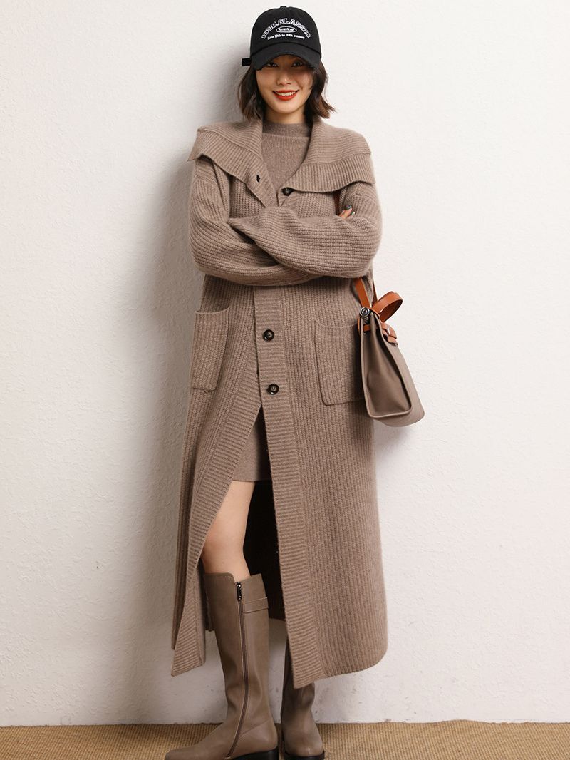 2023秋冬新款翻领重磅提花针织外套女士温柔风气质长款山羊绒大衣