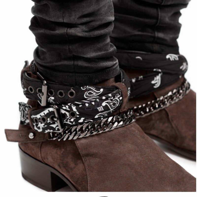 高街腰花amiri切尔西靴尖头马丁靴男个性牛仔真皮搭扣短靴链条