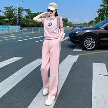 品牌欧货运动休闲套装女夏时尚高端洋气粉色减龄短袖阔腿裤两件套