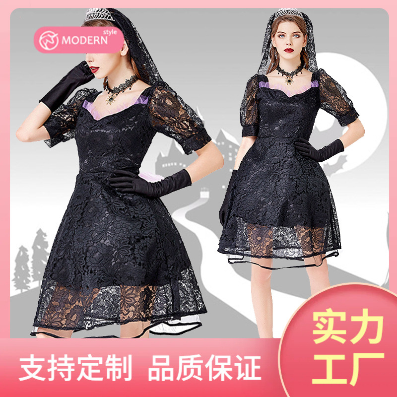 依晓伊万圣节新款毒苹果巫婆 恶魔吸血鬼新娘紫色扫把女巫裙 舞台