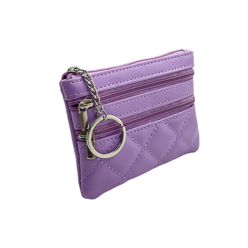Women's Double Zipper Coin Purse Key Ring Multiple Card Slots Small Bag Rhombic Embroidery Thread Wallet Korean Mini Clutch
