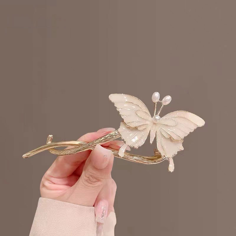 Factory Direct Sales Antique Pearl Flower Banana Clip High-Grade Metal Butterfly Barrettes Internet Celebrity Palette Hair