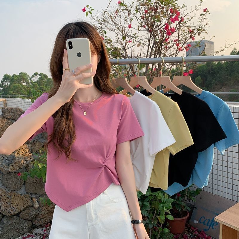 irregular short sleeve t-shirt for women 2022 new summer scheming design niche half sleeve high waist short
