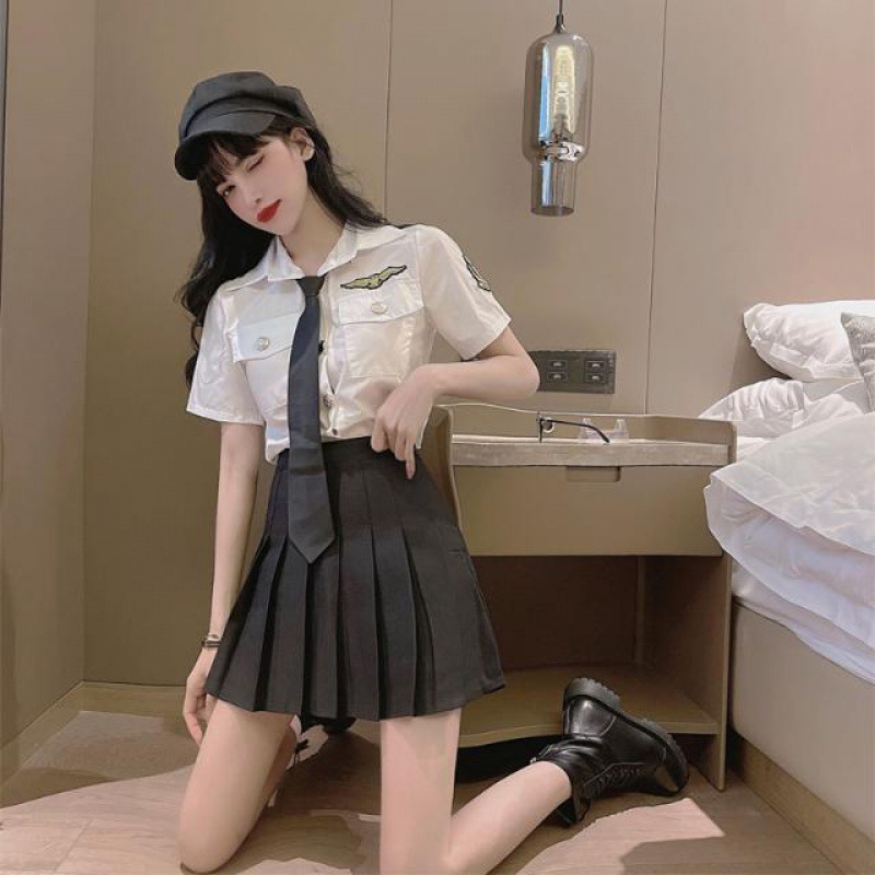 日系空姐jk制服套装女夏季短袖领带衬衣配百褶裙洋气职业两件套代
