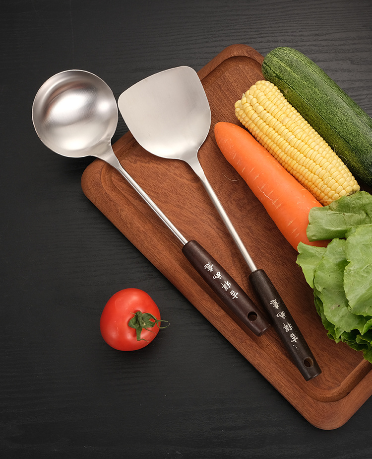 批发无磁砂光不锈钢炒菜铲子家用木柄钢柄厨具套装空心柄锅铲粥勺