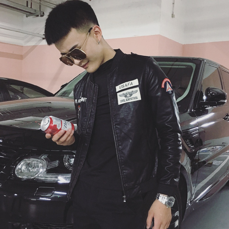 社会精神小伙皮衣男发型师潮流个性百搭皮夹克秋季新款刺绣外套潮