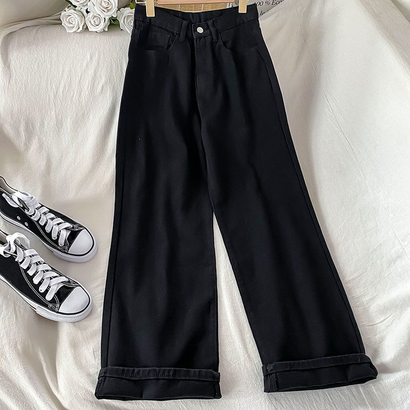   Casual Wide-eg Jeans Women's Spring Small Versatile High Waist oose Outer Wear Trousers Straight Drooping Mop Pants