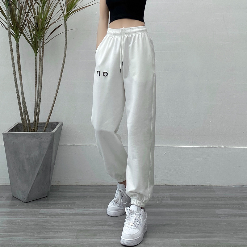 白色运动裤女2021新春夏季薄款高腰显瘦九分裤女宽松休闲收口卫裤