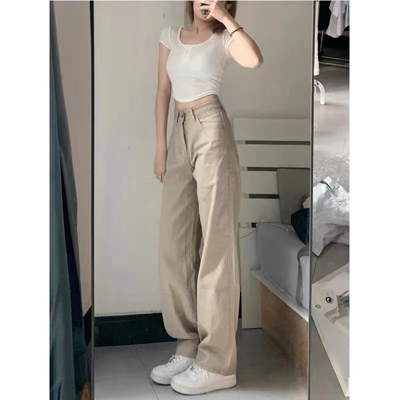   Khaki Jeans for Women Autumn and Winter New Korean Style High Waist Slimming aid-Back Style Wide-eg Draggle-Tail Trousers Women's Fashion