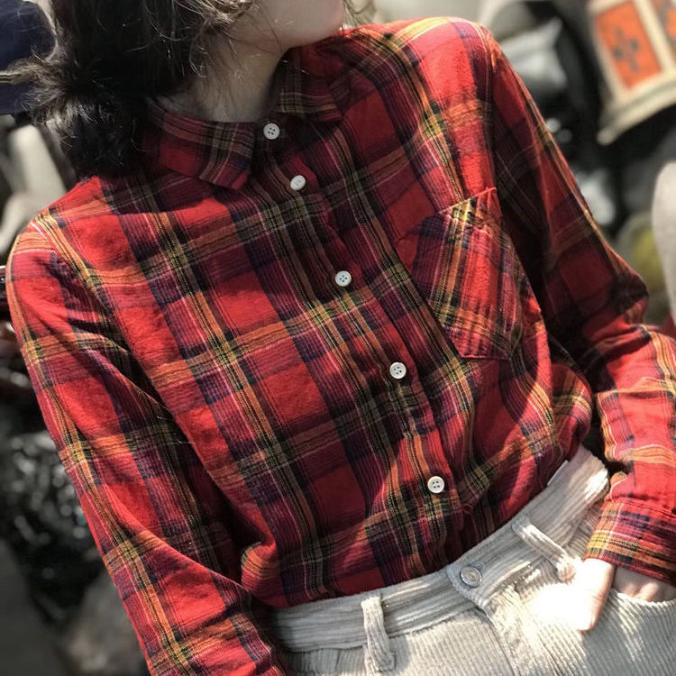 原创港味百搭上衣女2022春秋新品经典复古文艺休闲棉质红格子衬衫