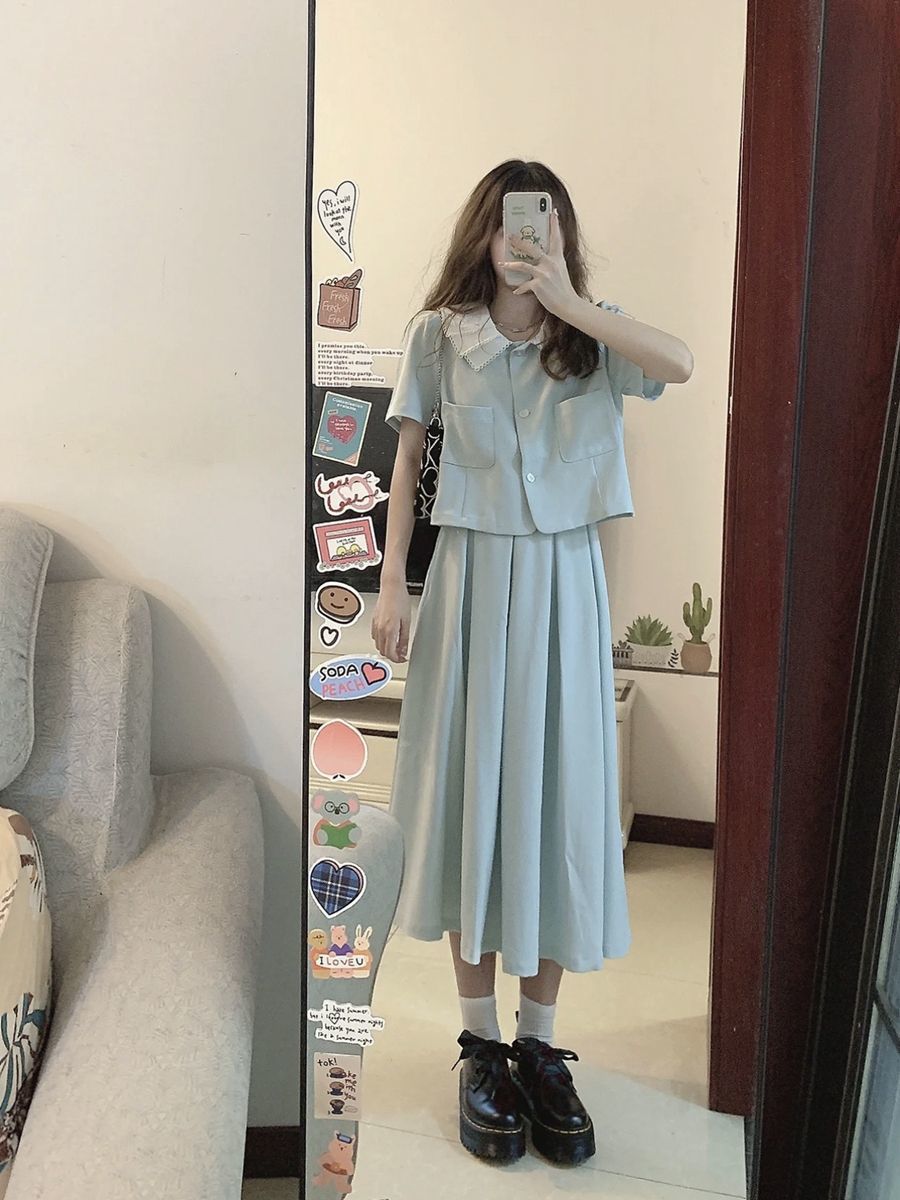 韩系甜美减龄休闲浅蓝色套装女夏娃娃领短袖衬衫百褶