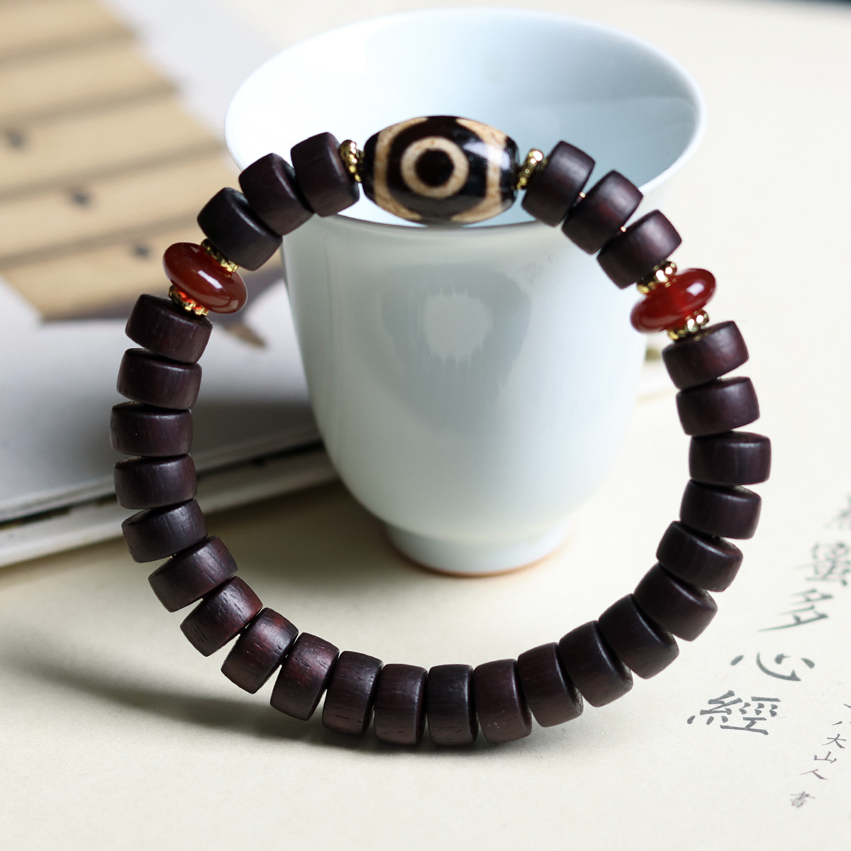 降真香药片珠藏饰手串文玩三眼天珠手链木制盘玩饰品批发女男同款
